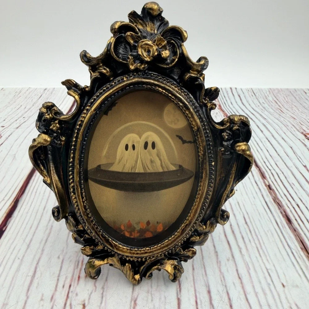 Ghost UFO Art Print in Ornate Black Gold Resin Frame Spooky Halloween Decor